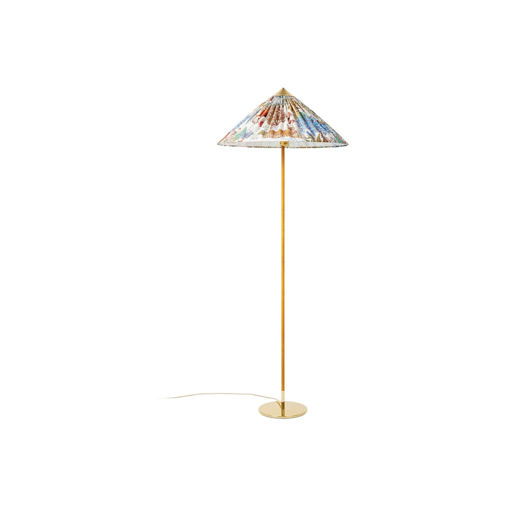 GUBI Lampadaire 9602, laiton/rotin, abat-jour en tissu Pierre Frey avec ampoule LED incluse