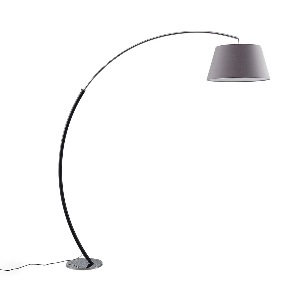 Lampadaire arqué Evelyna avec abat-jour en tissu avec câble textile