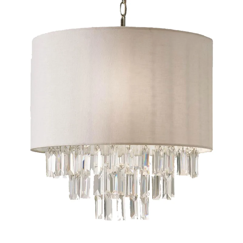 Lustre suspendu à tambour en cristal de taille rectangulaire, plafonnier moderne sable à 3/4 lumières avec abat-jour en tissu