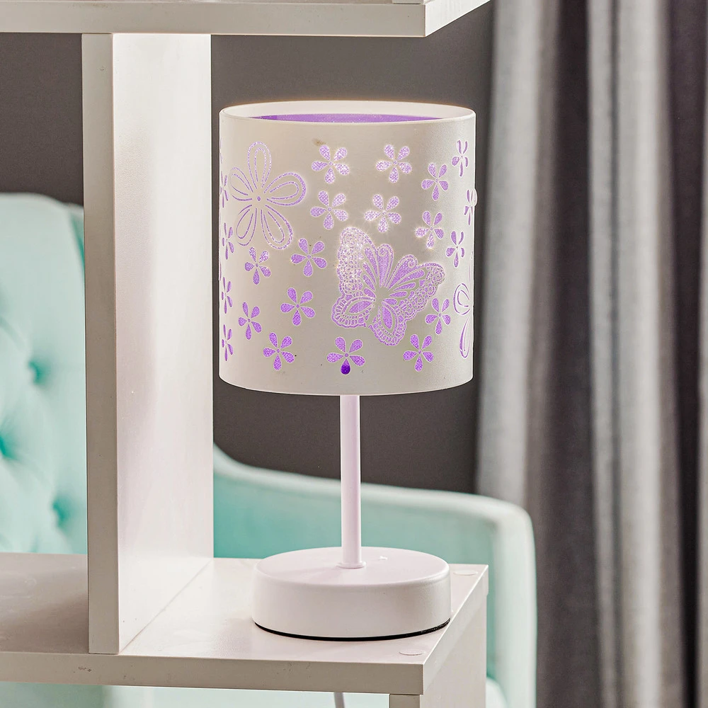 Socle en bois massif Lampe à poser Titilla en blanc, abat-jour violet à l'intérieur