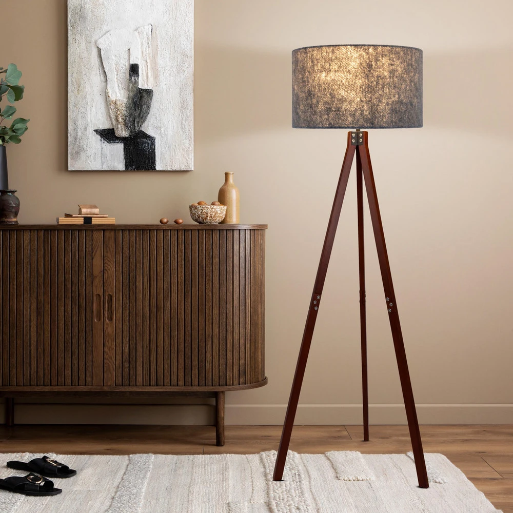 Socle en céramique Lampadaire 2072528, trépied bois, abat-jour tissu