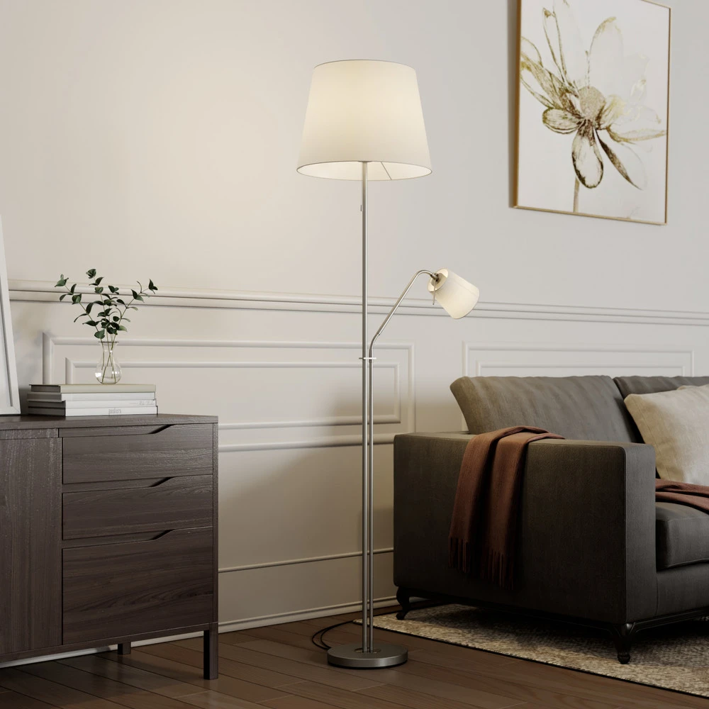 Suspension à trois bras Lindby Nantwin lampadaire, abat-jour tissu, blanc