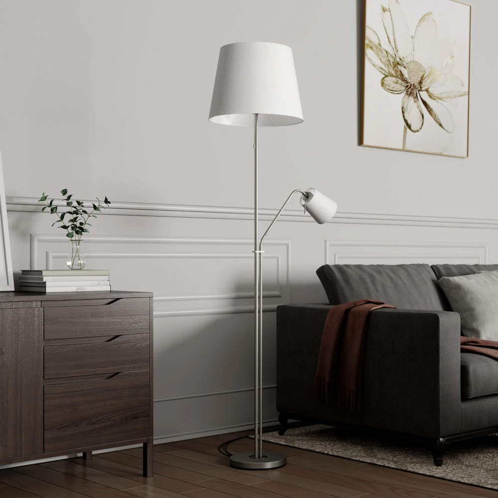 Suspension à trois bras Lindby Nantwin lampadaire, abat-jour tissu, blanc