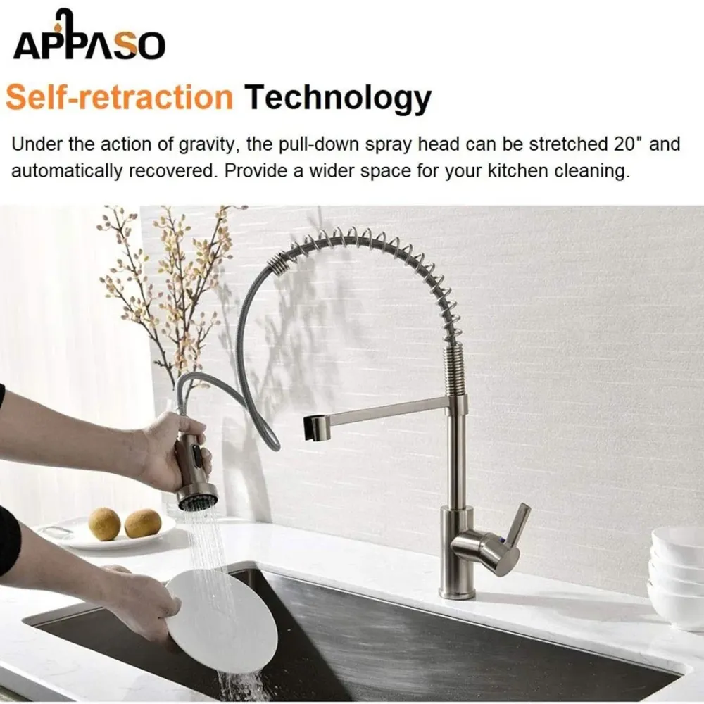 APPASO Moderne Robinet de cuisine commercial ressort avec distributeur de savon Nickel brossé 105BN