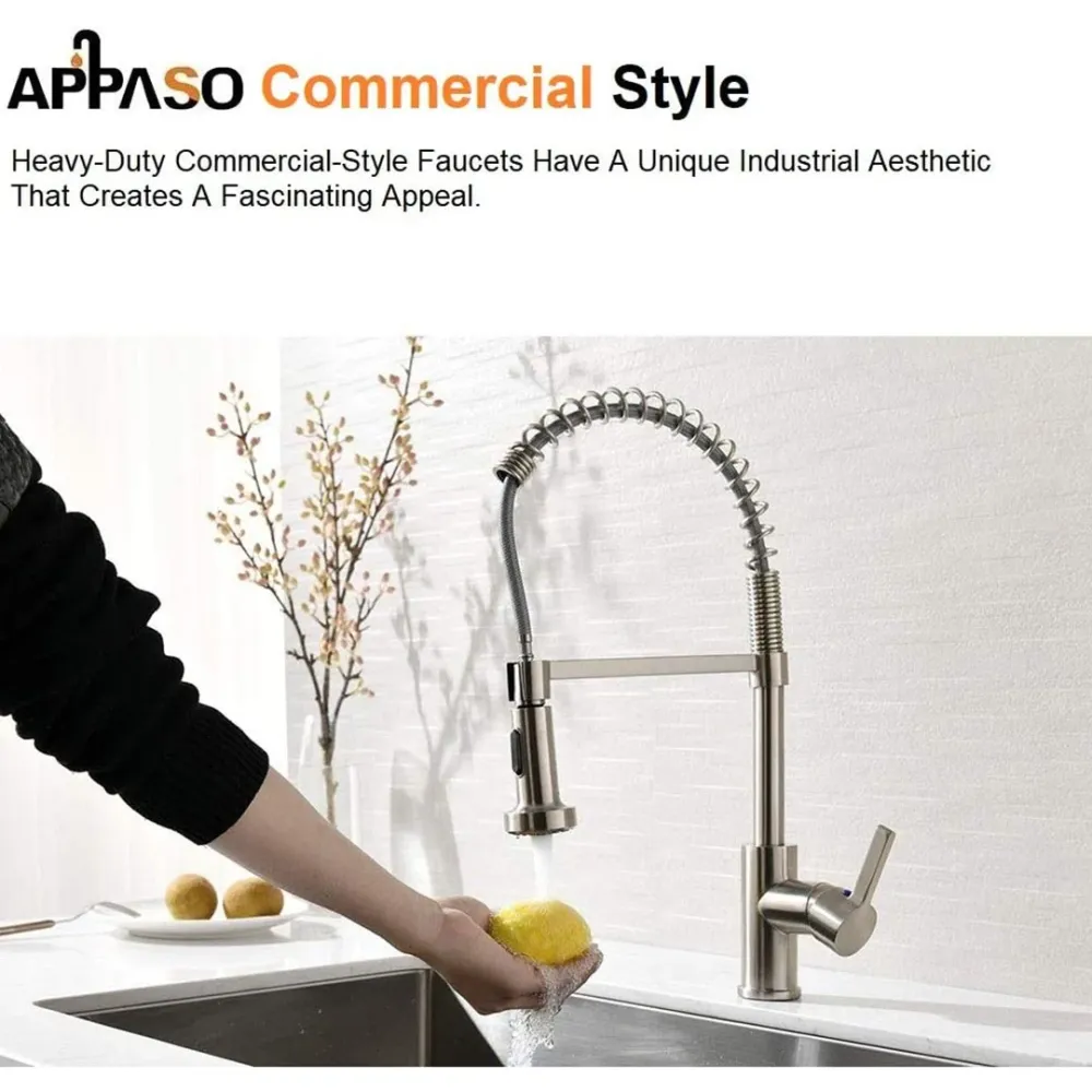 APPASO Moderne Robinet de cuisine commercial ressort avec distributeur de savon Nickel brossé 105BN