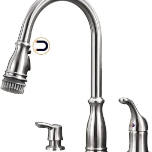 APPASO Robinet de cuisine 3 trous fixation magnétique avec distributeur de savon nickel brossé 229BN