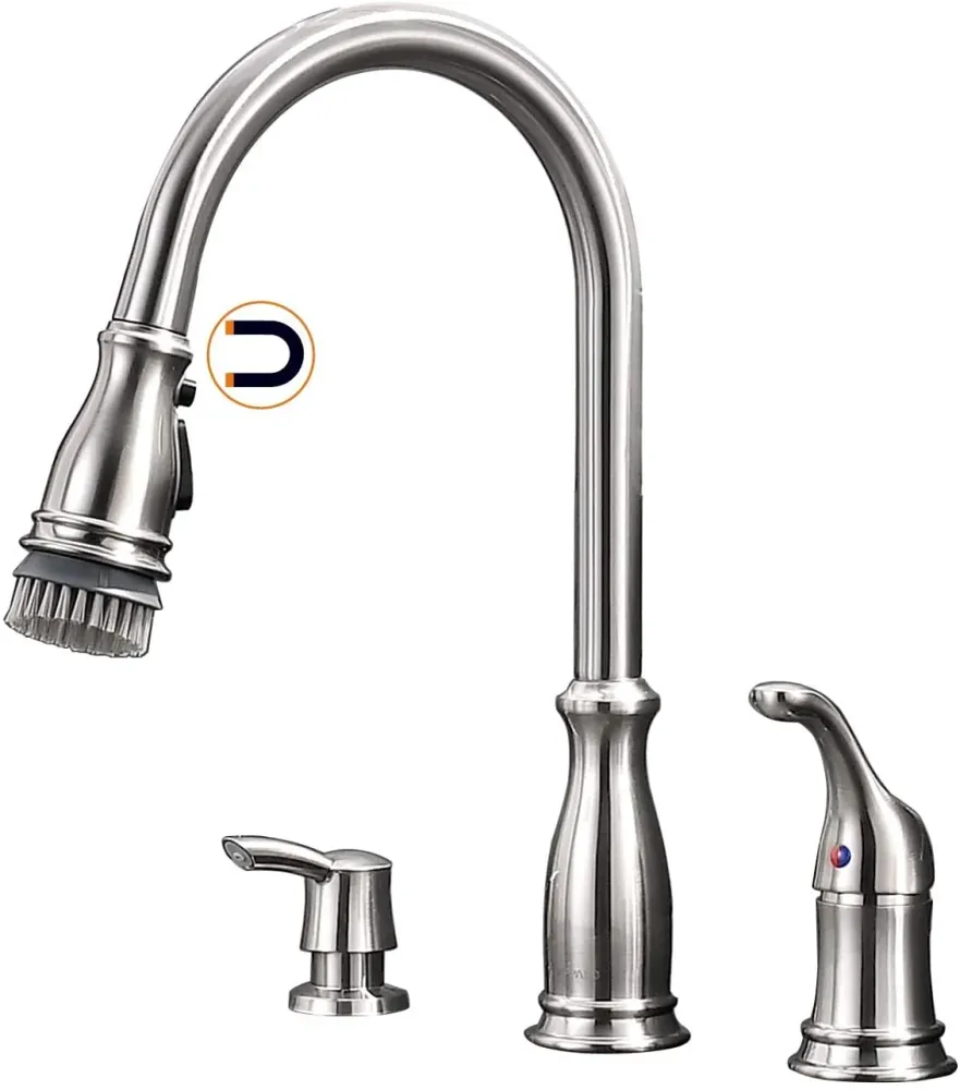 APPASO Robinet de cuisine 3 trous fixation magnétique avec distributeur de savon nickel brossé 229BN