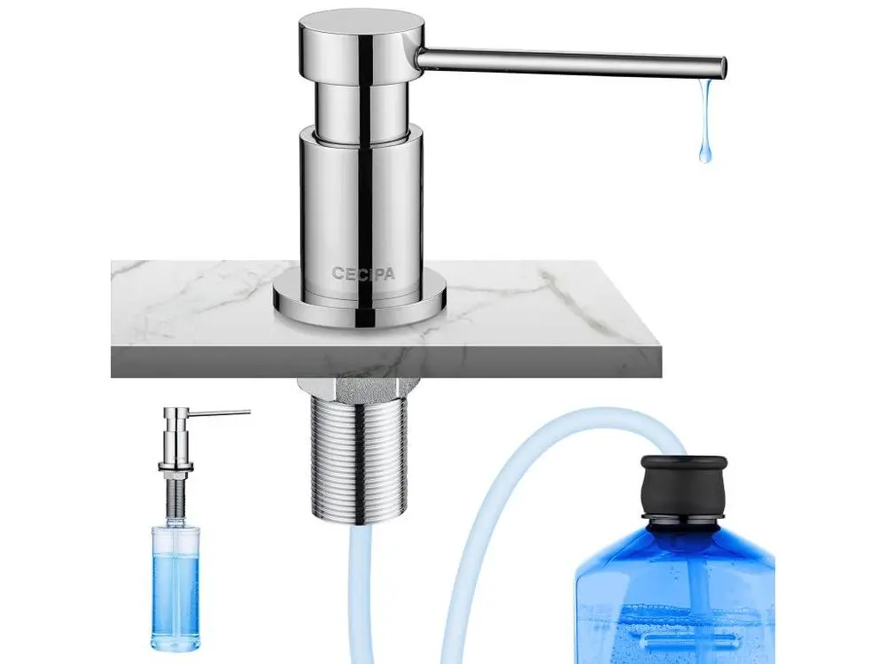 Cecipa MAX Distributeur de Savon de Cuisine Chromé Distributeur de Savon pour Evier avec Récipient de 300ML + Tuyau d'...