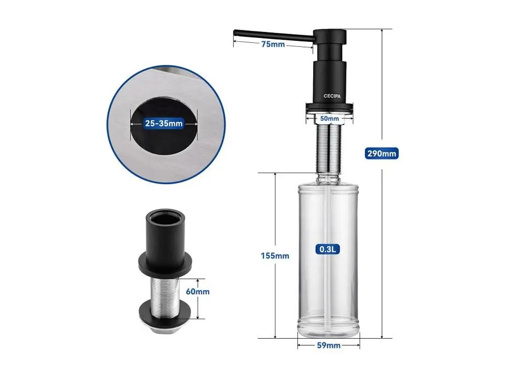 Cecipa MAX Distributeur de Savon de Cuisine Noir-Distributeur de Savon pour Evier avec Récipient de 300ML + Tuyau d'e...