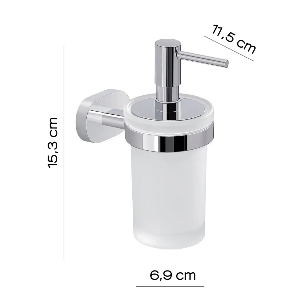 Distributeur de savon mural Gedy Bernina verre et acier inoxydable. Distributeur en plastique chromé