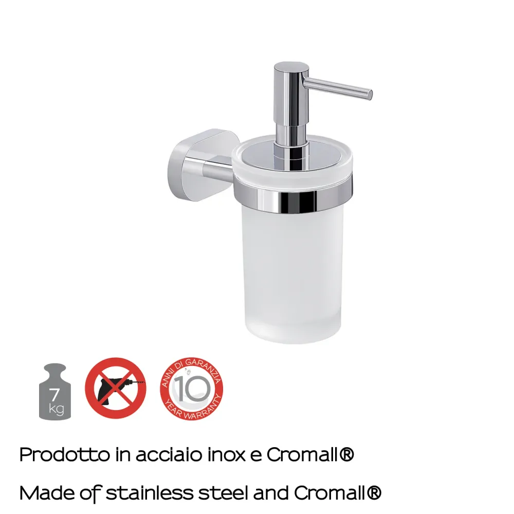 Distributeur de savon mural Gedy Bernina verre et acier inoxydable. Distributeur en plastique chromé