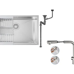 Évier Cuisine 1 Bac 60*44*20CM,inox 304,à Encastrer/sous-plan avec Panier Drainage,Nano Silver+Robinet Cuisine Douchette E...