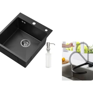 Évier de Cuisine 1 Bac Noir,Inox,44*49*20 CM,avec Distributeur de Savon+Mitigeur Cuisine en Acier Inox 304 Rabattable Pivo...