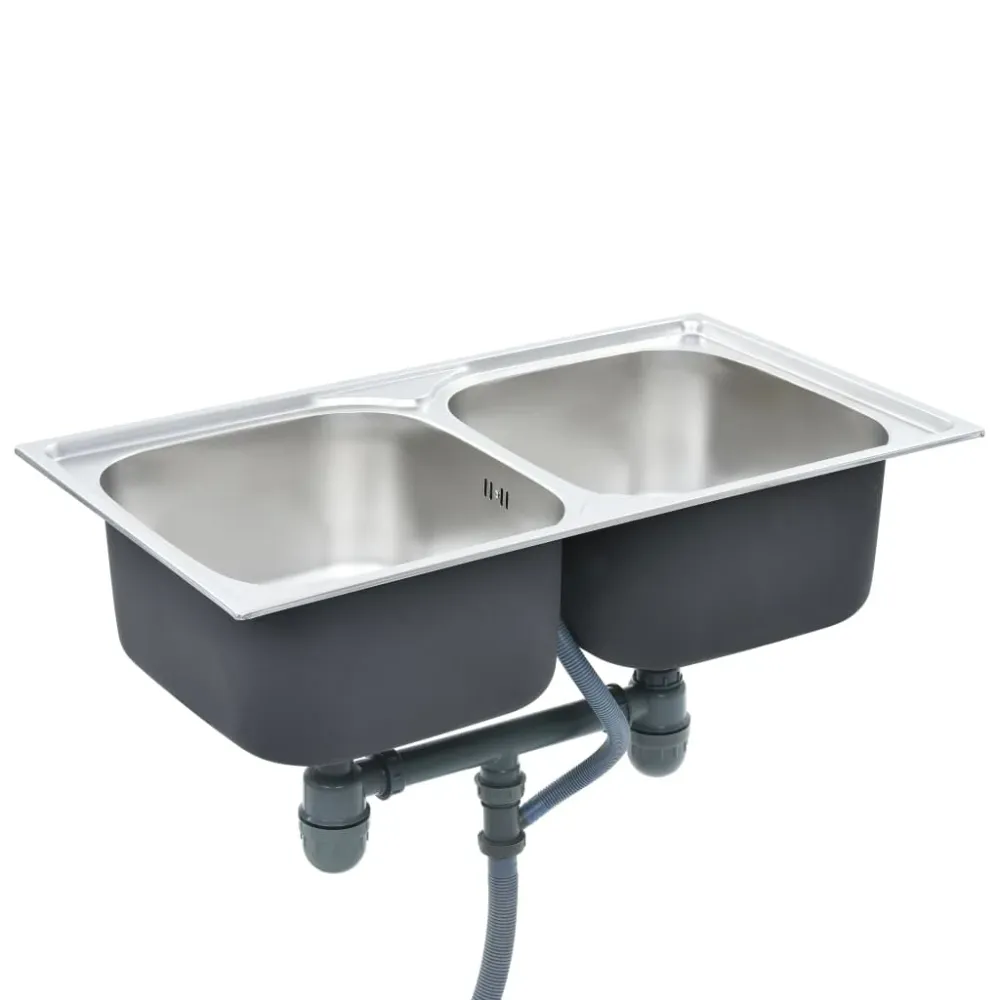 Évier deux fois de cuisine avec crépine et piège 84 x 48 cm acier inoxydable 02_0002359
