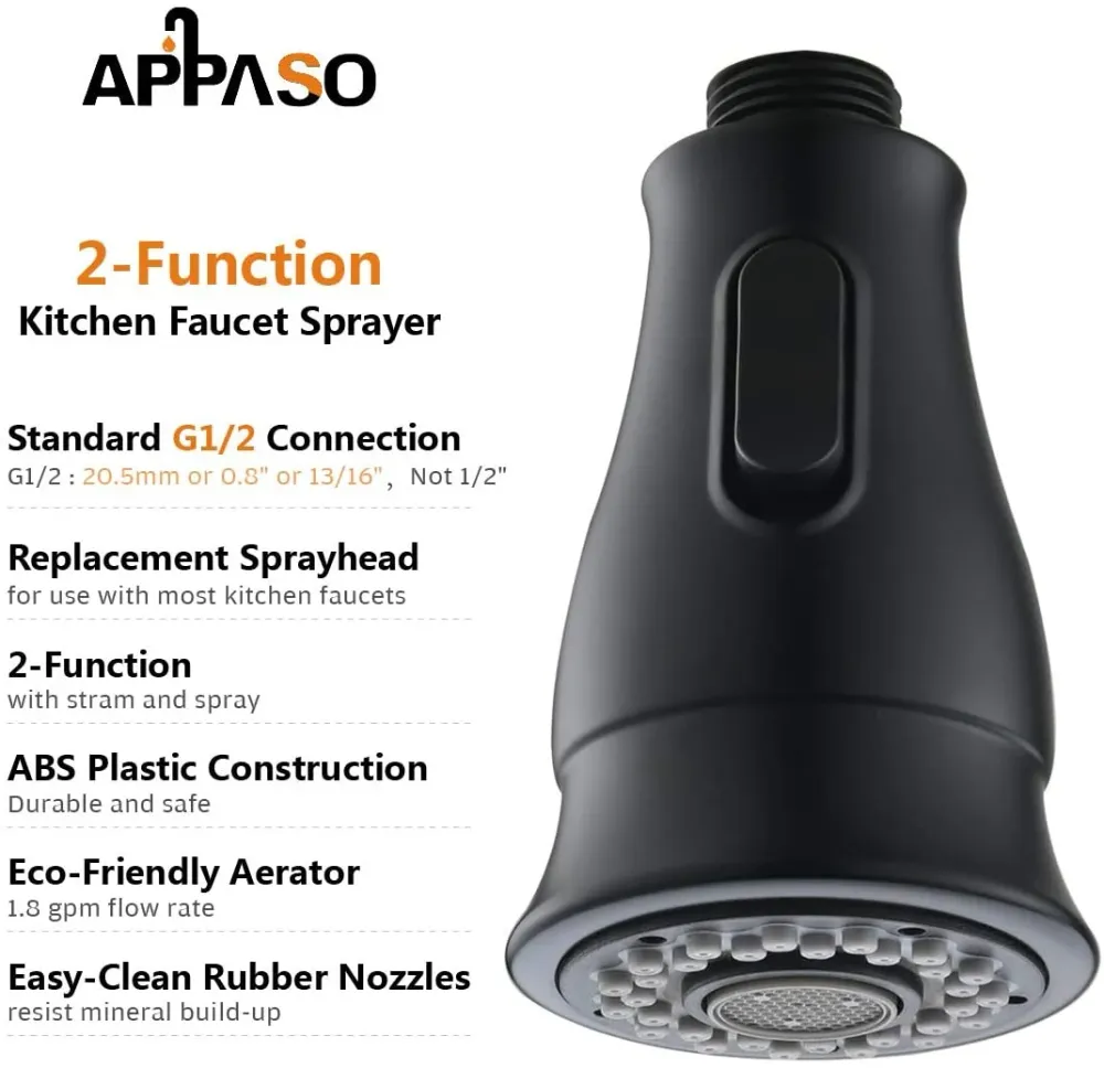 APPOASO Kitchen Robinet Spray Head Replacement 2-Function Pull Down Pulvérisateur Tête Doux Noir APSP157MB