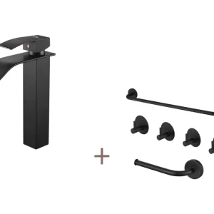 Auralum max Mitigeur Robinet Lavabo Cascade Noir+Ensemble Salle Bain Accessoire 6 Pièces,Auto-adhésif/percer,Inox,Noir Rés...