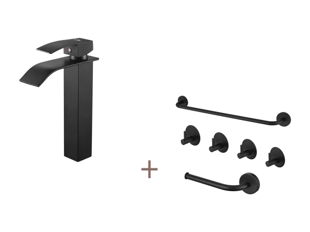 Auralum max Mitigeur Robinet Lavabo Cascade Noir+Ensemble Salle Bain Accessoire 6 Pièces,Auto-adhésif/percer,Inox,Noir Rés...