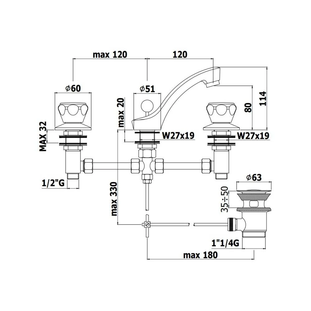 Batterie lavabo 3 trous série Danubio modèle DA056CR Acier chromé Paffoni