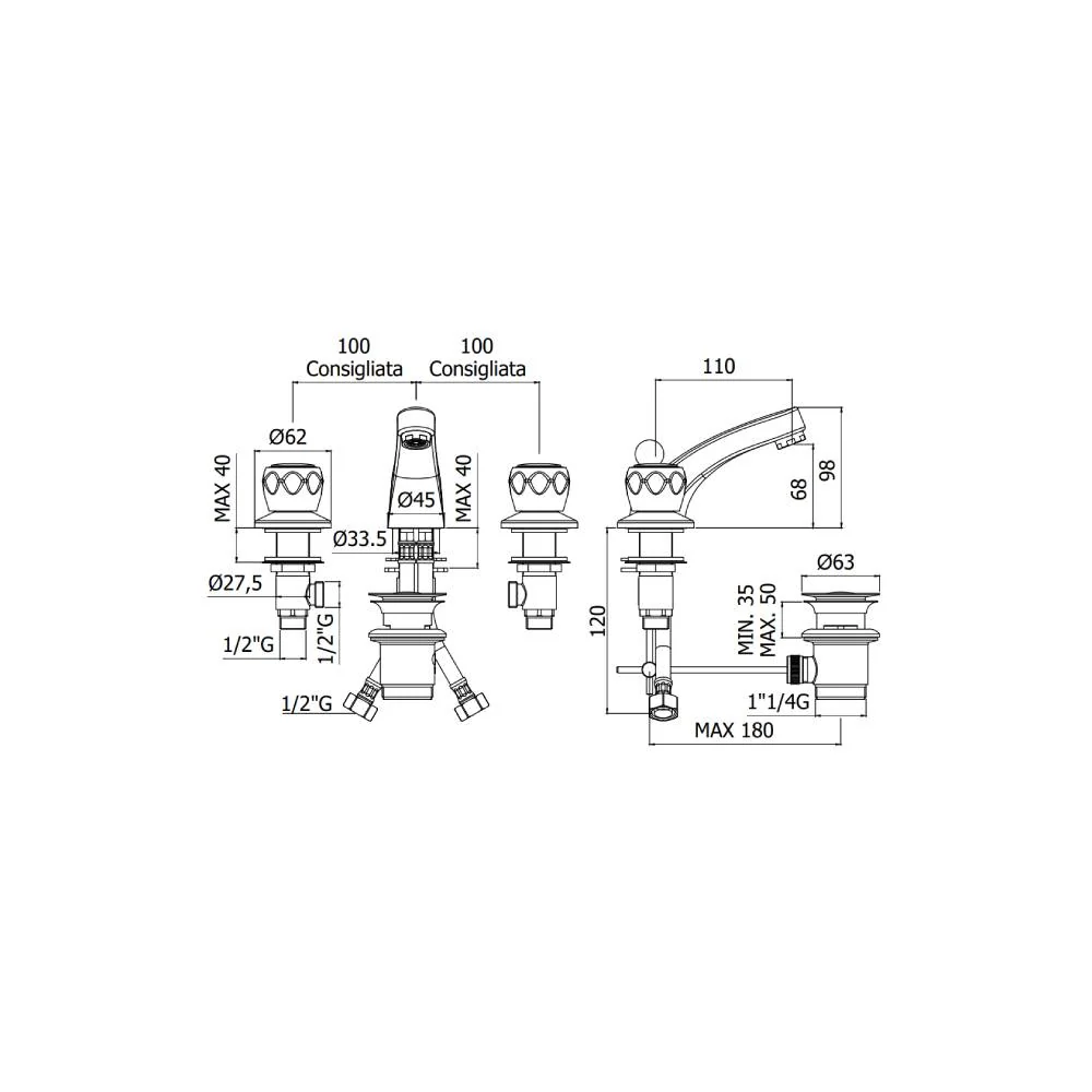 Batterie lavabo 3 trous série Danubio modèle DA055CR Acier chromé Paffoni