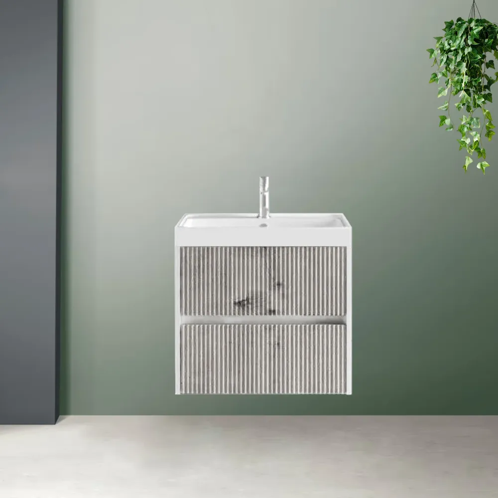 Meuble de salle de bain cannelé à installation suspendue avec lavabo 60 cm couleur gris antique - Cubi&Co Collection Naturel