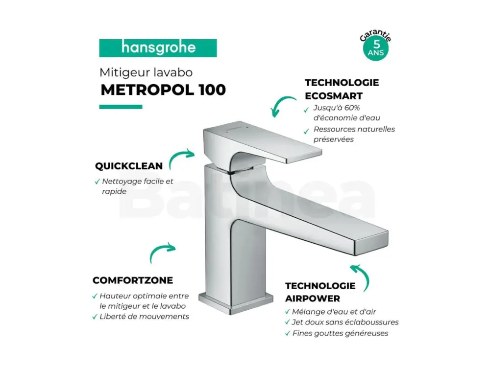 Mitigeur lavabo HANSGROHE Metropol 100 bec allongé + nettoyant Briochin