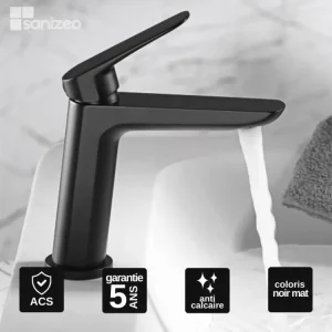Robinet à détection Robinet Mitigeur de Lavabo anti-calcaire Bas Noir Mat IMEX Sanizéo BELGICA BDZ044-1NG