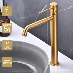 Robinet à levier unique Robinet Mitigeur de Lavabo anti-calcaire Bec Haut Or Brossé IMEX Sanizéo GENOVA BDG053-3OC