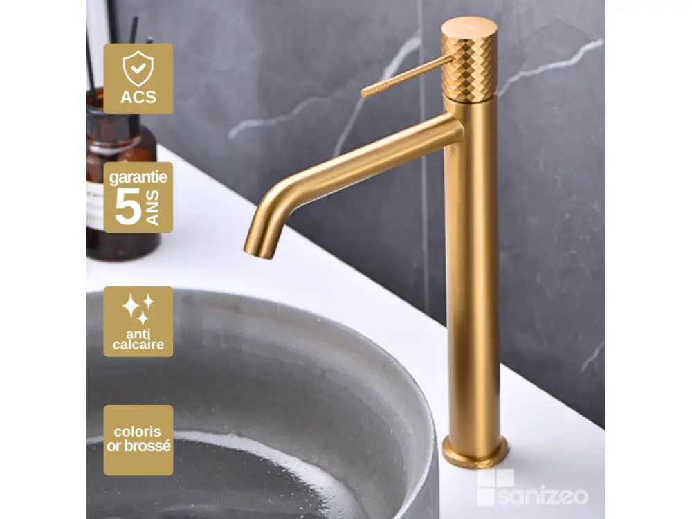 Robinet à levier unique Robinet Mitigeur de Lavabo anti-calcaire Bec Haut Or Brossé IMEX Sanizéo GENOVA BDG053-3OC
