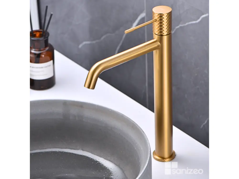 Robinet à levier unique Robinet Mitigeur de Lavabo anti-calcaire Bec Haut Or Brossé IMEX Sanizéo GENOVA BDG053-3OC