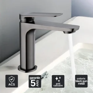 Robinet Mitigeur de Lavabo anti-calcaire Bec Bas Noir jais Gun Métal IMEX Sanizéo NAPOLES BDN047-1BGM