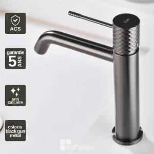 Robinet Mitigeur de Lavabo anti-calcaire Bec Bas Noir jais Gun Métal IMEX Sanizéo GENOVA BDG053-1BGM