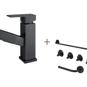 Robinet Mitigeur Lavabo avec Douchette Extractible,Noir, Hauteur 187mm+Ensemble Salle Bain Accessoire 6 Pièces,Auto-adhési...