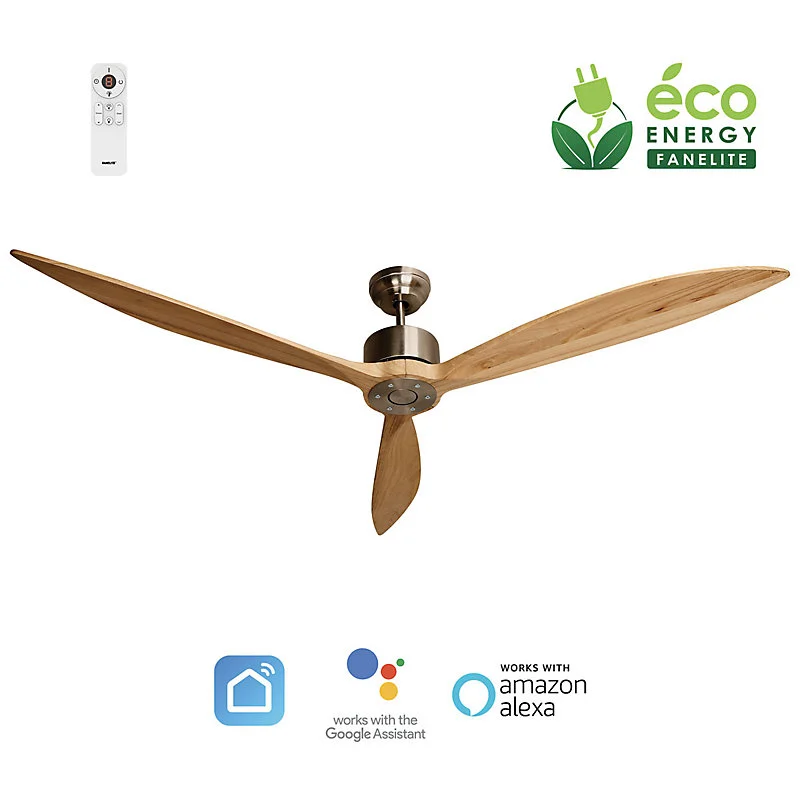 Fanelite - Ventilateur de plafond 164 cm gris et bois NEBA - Moteur DC 38W - Télécommande - Wifi - Vraiment silencieux
