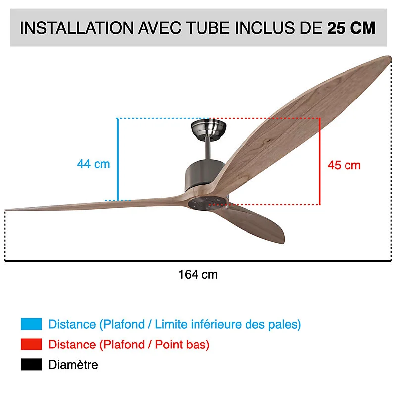 Fanelite - Ventilateur de plafond 164 cm gris et bois NEBA - Moteur DC 38W - Télécommande - Wifi - Vraiment silencieux