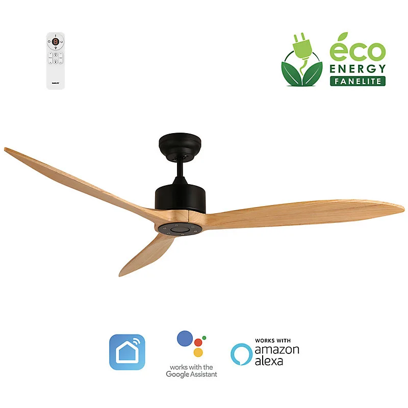 Fanelite - Ventilateur de plafond 164 cm noir et bois LIFOU - Moteur DC 35W - Télécommande - Wifi - Fort silencieux