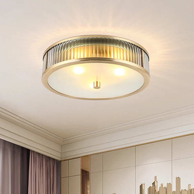 Lampe encastrée en forme de tambour Simplicity, plafonnier en verre nervuré clair en laiton pour chambre à coucher