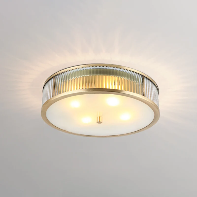 Lampe encastrée en forme de tambour Simplicity, plafonnier en verre nervuré clair en laiton pour chambre à coucher