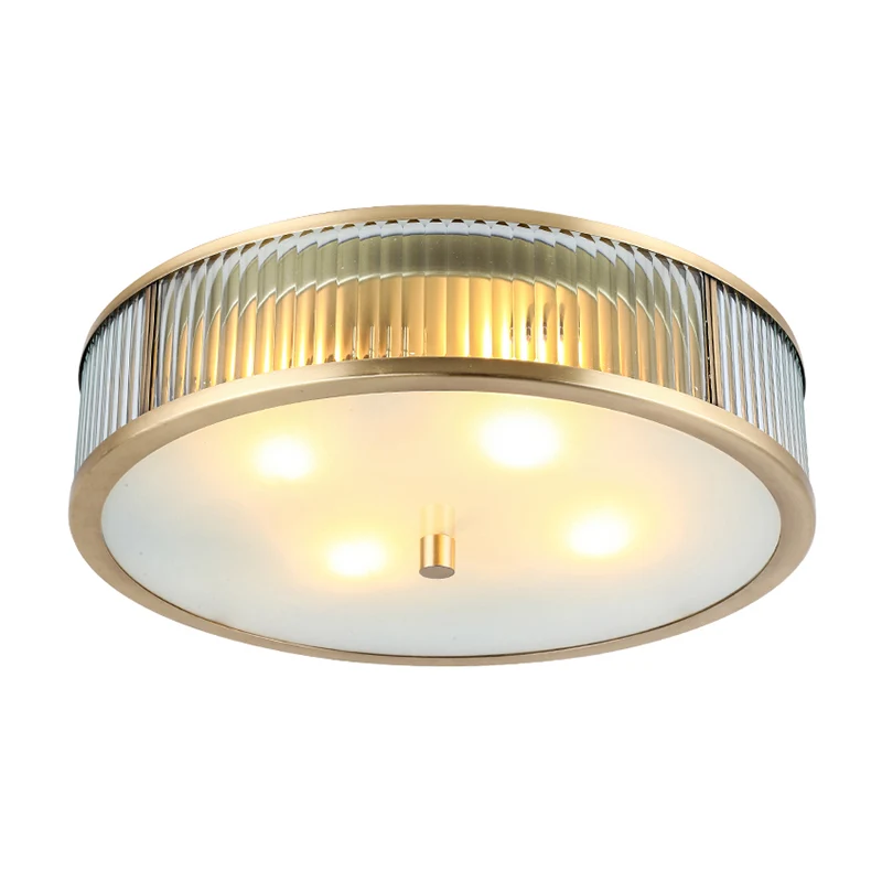 Lampe encastrée en forme de tambour Simplicity, plafonnier en verre nervuré clair en laiton pour chambre à coucher