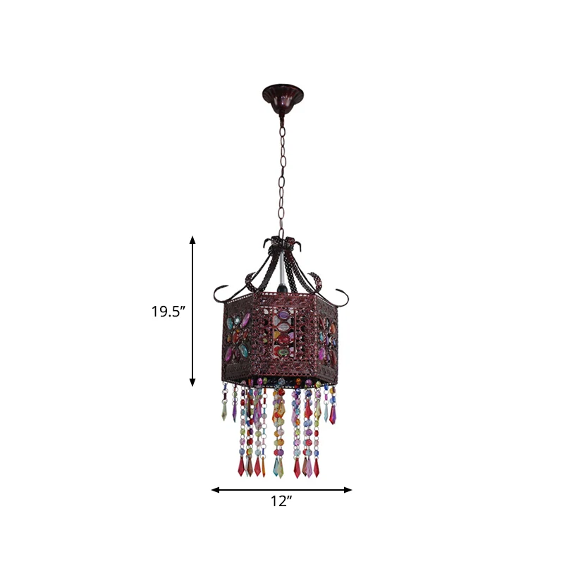 Lampe suspendue en verre teinté à 1 tête, style bohémien, lanterne hexagonale en cuivre, plafonnier de chambre à coucher a...