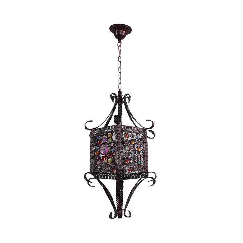 Lampe suspendue en verre teinté à 1 tête, style bohémien, lanterne hexagonale en cuivre, plafonnier de chambre à coucher a...