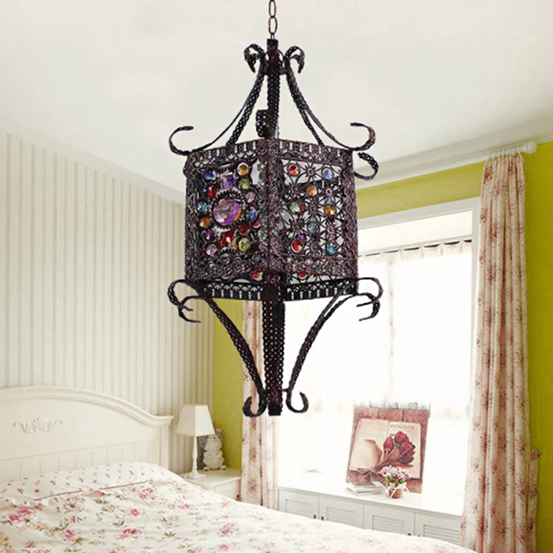 Lampe suspendue en verre teinté à 1 tête, style bohémien, lanterne hexagonale en cuivre, plafonnier de chambre à coucher a...