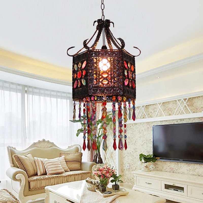 Lampe suspendue en verre teinté à 1 tête, style bohémien, lanterne hexagonale en cuivre, plafonnier de chambre à coucher a...