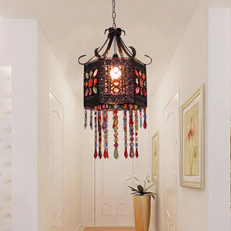 Lampe suspendue en verre teinté à 1 tête, style bohémien, lanterne hexagonale en cuivre, plafonnier de chambre à coucher a...