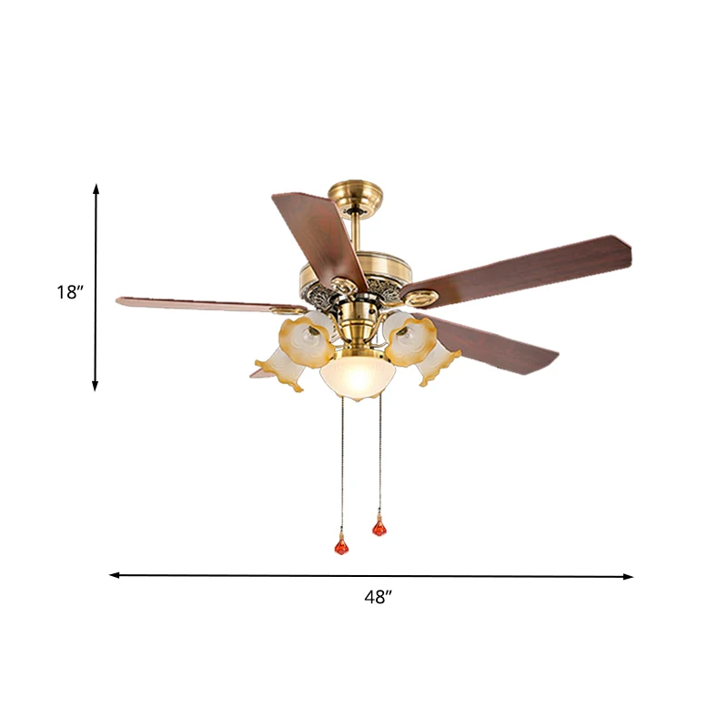 Lampe de ventilateur de plafond suspendue en métal antique, ronde, 5 pales en bois, avec abat-jour en verre opale floral,...