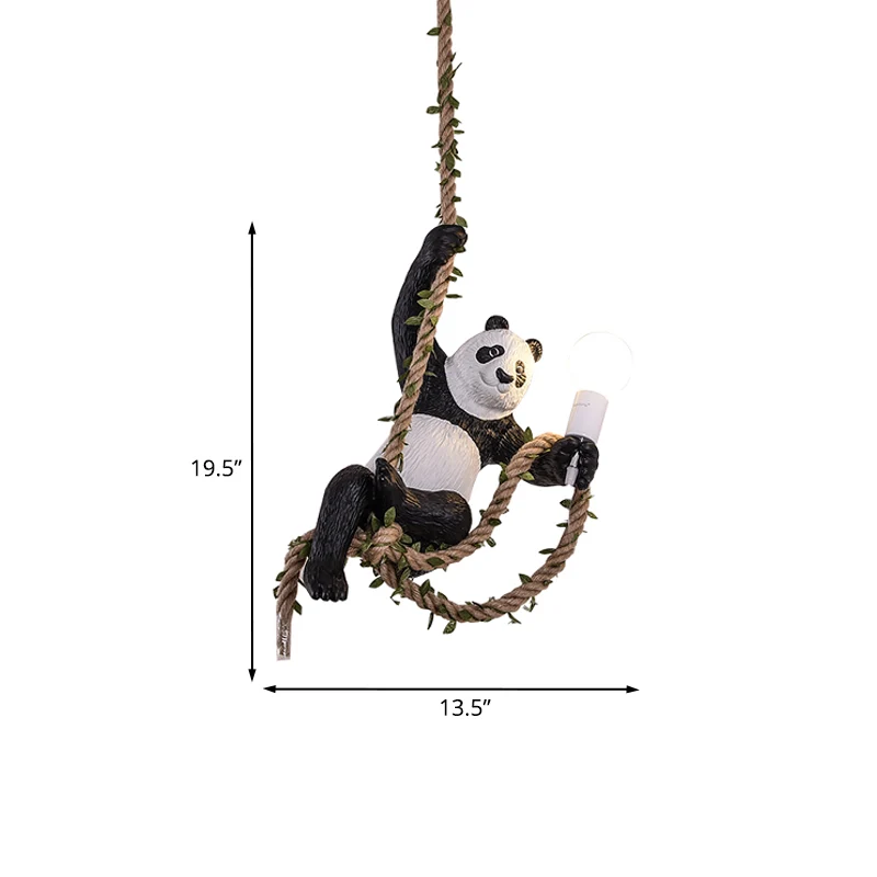 Luminaire suspendu Panda en résine créative, Kit de lampe suspendue à 1 ampoule avec tige en corde en noir et blanc