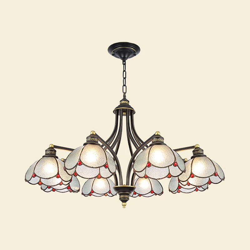Lustre de plafond festonné, 3/6/8 lumières, vitrail Tiffany, éclairage suspendu en rouge/jaune pour le salon