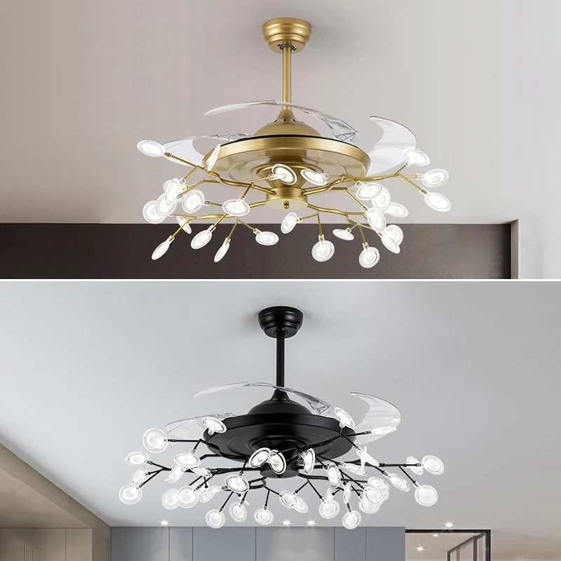 Lustre semi-encastré Firefly télécommandé en métal postmoderne pour salle à manger, ventilateur de plafond, 42" de largeur