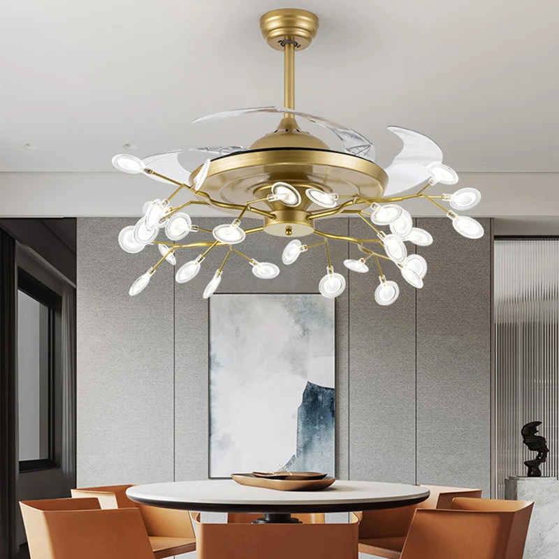 Lustre semi-encastré Firefly télécommandé en métal postmoderne pour salle à manger, ventilateur de plafond, 42" de largeur