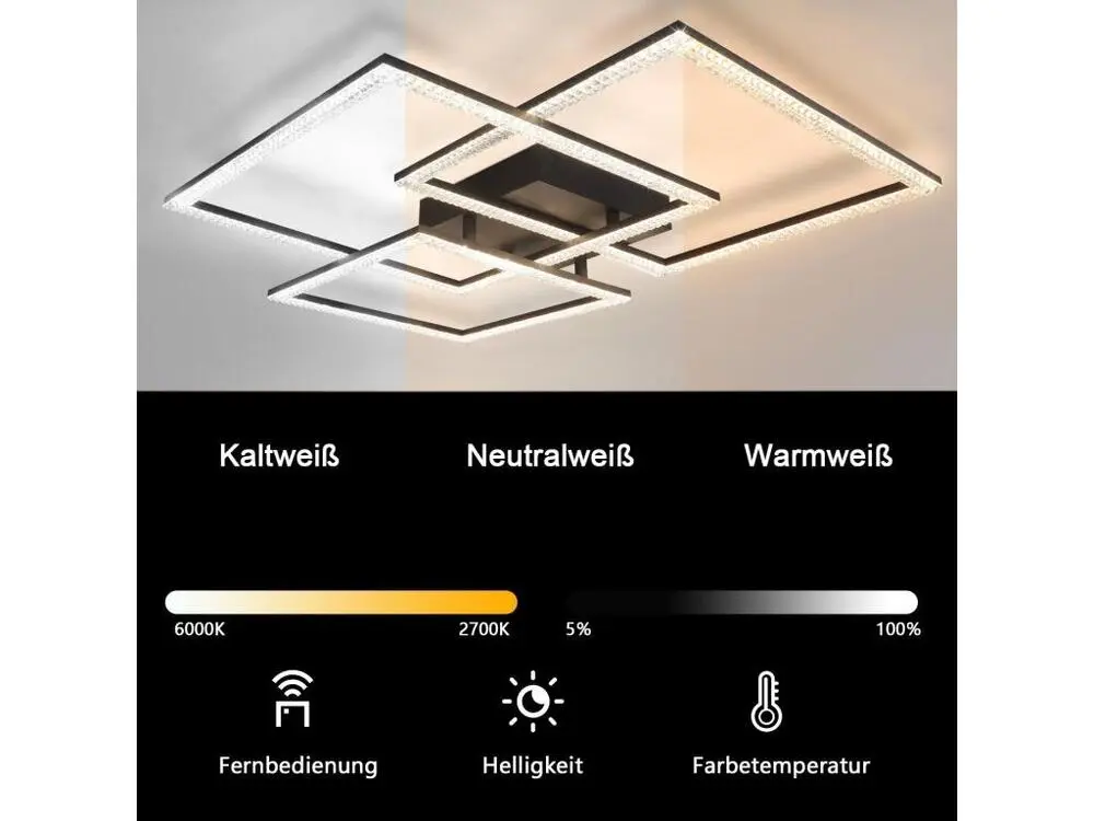 NETTLIFE Plafonnier LED Noir Lampe de Salon 75CM Dimmable Lampe d'intérieur Design Cristal Actuel avec Télécommande pour C...