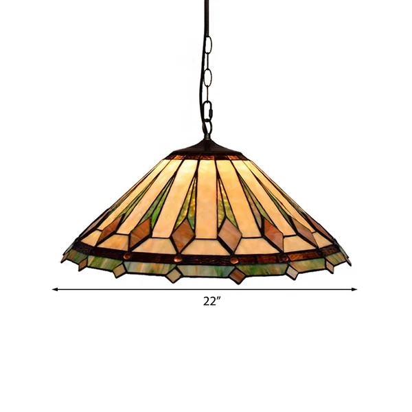 Plafonnier suspendu conique marron Tiffany 2 têtes lampe suspendue en vitrail multicolore pour chambre à coucher